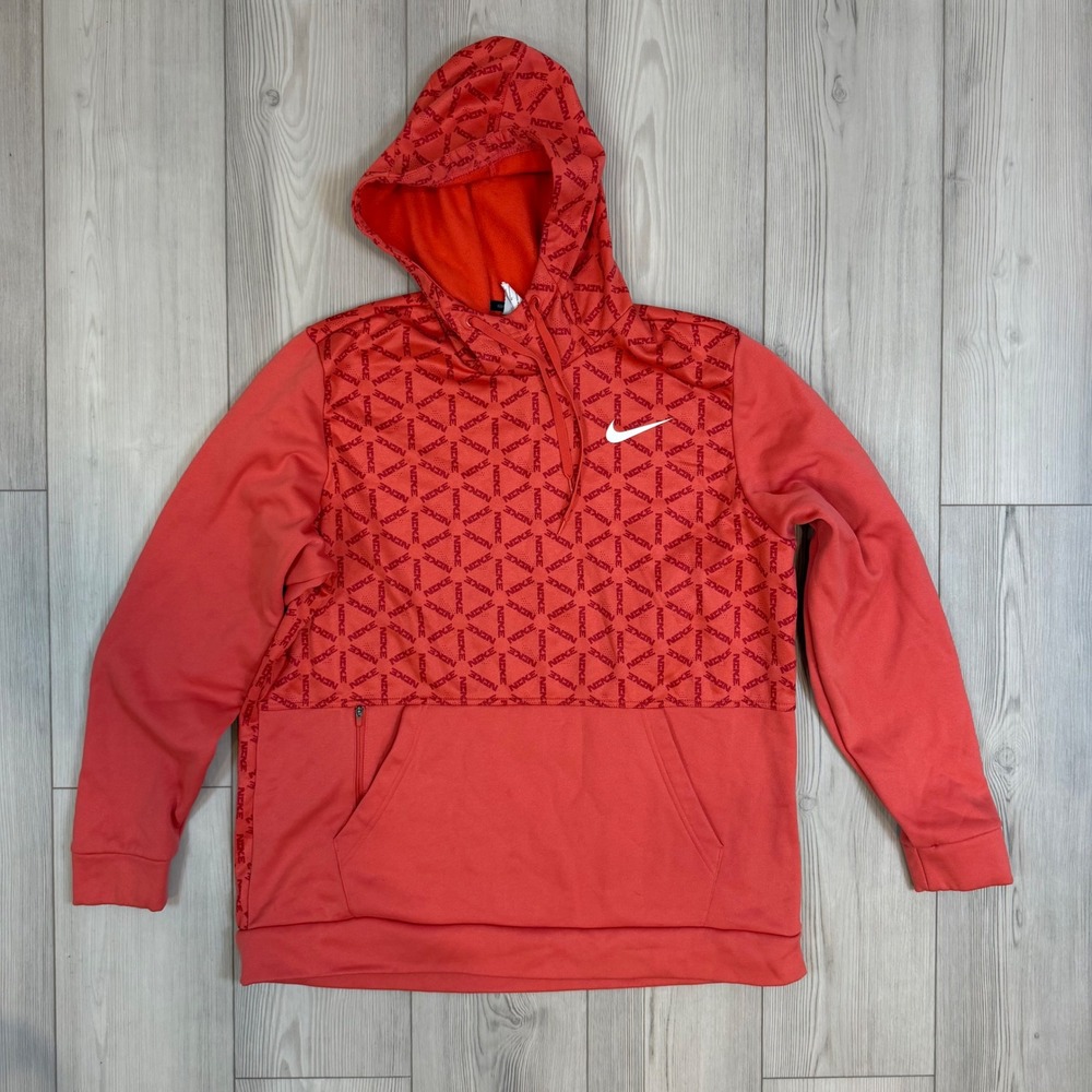 Nike Therma-FIT Mens XL Red All Over Logo Print Fleece Hoodie DD1760-605